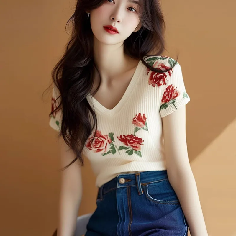Women's Beige V Neck Knit Top  - огляд і ціна Embroidery Rose